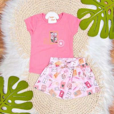 Conj. Blusa Canelada Flores Paris e Short Saia Cartão Postal - Rosa